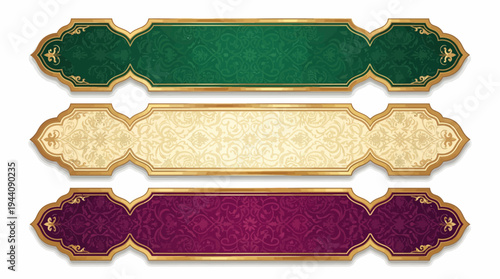 Set of 3 ornate golden Islamic vector banners with intricate patterns in green, cream, and purple, ideal for elegant design elements, headers, or text frames