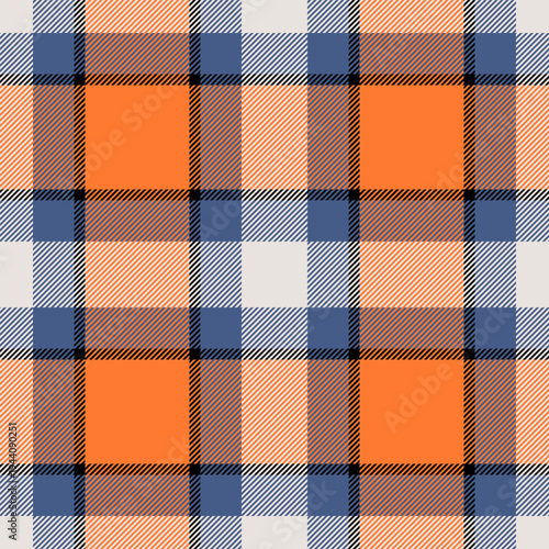 Bandanna fabric texture background, content plaid seamless pattern. Silk check textile vector tartan in orange peel and blue colors.