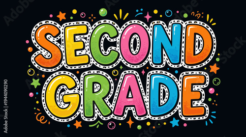 Vibrant 'SECOND GRADE' colorful text vector illustration with playful confetti, stars, and dots on a dark background, perfect for educational designs, back-to-school promotions
