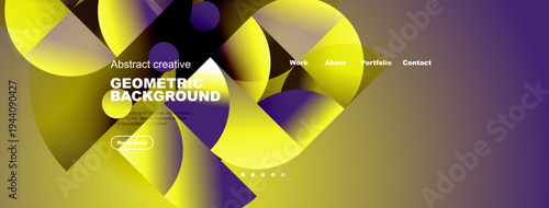 Abstract geometric background. Yellow, purple hues blend. Website header design includes navigation options, text elements. Modern style.
