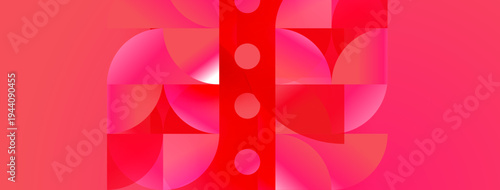 Abstract geometric composition. Red, pink hues dominate design. Circles, arcs create dynamic visual pattern. Modern aesthetic.