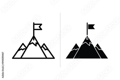 Mountain Peak with Flag Icons: Success and Achievement Symbols in Outline and Solid