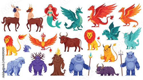 Diverse group of whimsical cartoon characters in vibrant colors and playful poses Vector