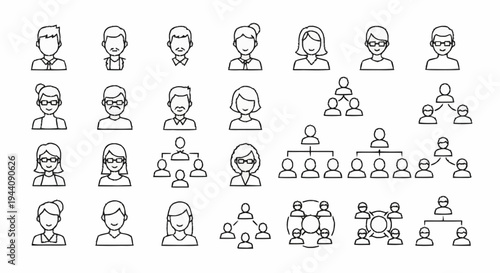 Collection of Diverse People Icons and Organization Charts.