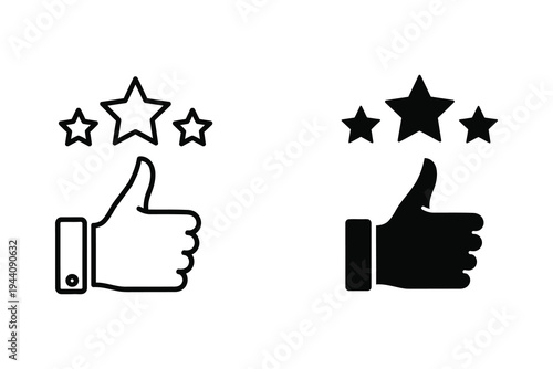 Thumbs up icon with three stars, one outlined and one solid, signifying approval and rating.