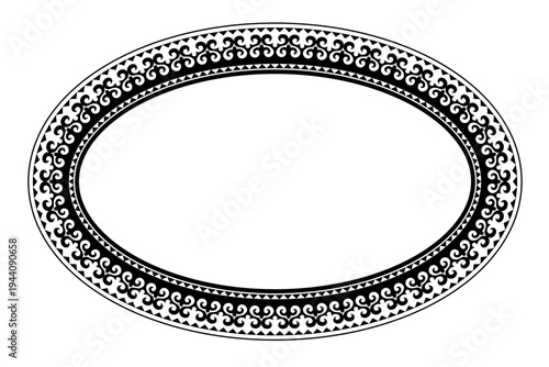 Oval decorative frame. Ethnic Asia ornament of the nomadic peoples of Asia, Kazakh, Kyrgyz, Mongol, Turkmen. Elegant element for design in Eastern style. Floral black border. For plate, embroidery. 