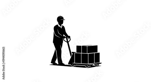 Silhouette of businessman pushing hand truck with boxes against white background