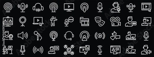 Podcast web icons in line style. Microphone, radio, webcast, audio, video, news, collection. Vector illustration.