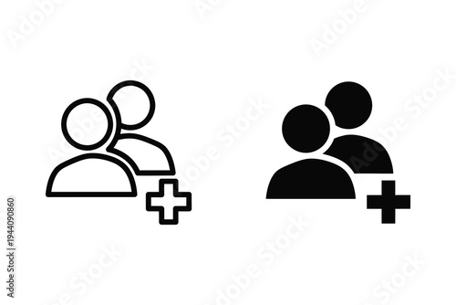 Add user icon with a plus symbol, representing adding new people or members to a group. Line art and solid fill.