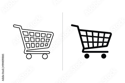 Shopping cart icon, representing online shopping, retail, and commerce. Includes line art and solid fill versions.