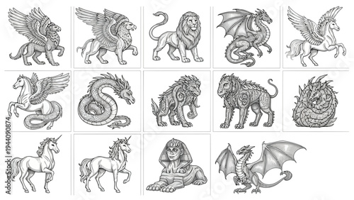 Historical and mythical creatures engraved in antique illustration style Vector
