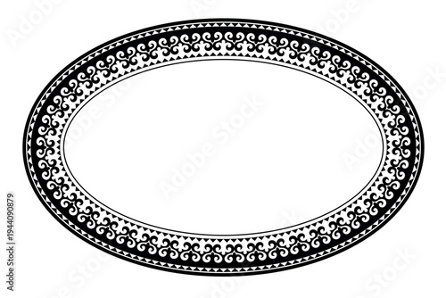 Oval plate with black muslim design. Oval decorative frame. Vintage, ethnic frame with muslim pattern. Pattern frame for oval surface, textile, embroidery, ceramic, porcelain, engraving