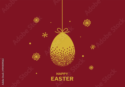 Luxury gold easter egg with red polka dots and happy easter text on burgundy background.