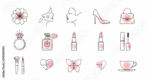Collection of feminine beauty and fashion icons in soft pink tones.