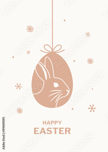 Minimalist rose gold easter egg featuring white bunny rabbit profile and happy easter text.