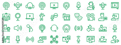 Podcast web icons in line style. Microphone, radio, webcast, audio, video, news, collection. Vector illustration.