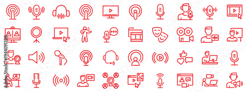 Podcast web icons in line style. Microphone, radio, webcast, audio, video, news, collection. Vector illustration.