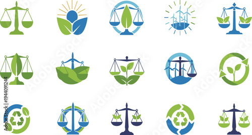 Eco Justice and Environmental Sustainability Logo Vector Set Featuring Green Balance Scales, Recycling Symbols, Nature Leaves and Earth Protection Icons.