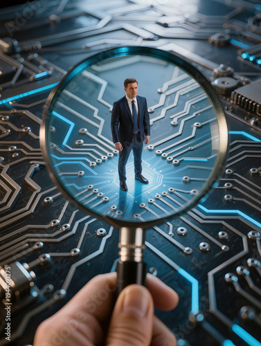 Businessman under a magnifying glass on a circuit board