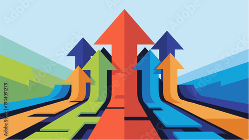 Colorful upward arrows on layered paths representing growth and progress