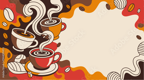 Stylized steaming coffee cups with beans and swirls on warm abstract background with text area