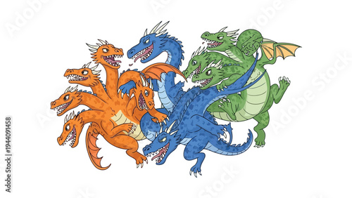 Whimsical fantasy dragons in vibrant colors and dynamic poses Vector