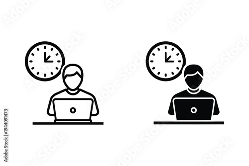 Person working on laptop with clock icon, time management, deadline, productivity.