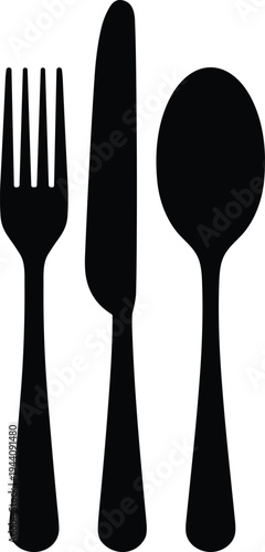 Minimalist black fork, knife, and spoon cutlery silhouettes isolated on white background, simple kitchen utensil icon set, dining tableware concept for restaurant, menu, and food design