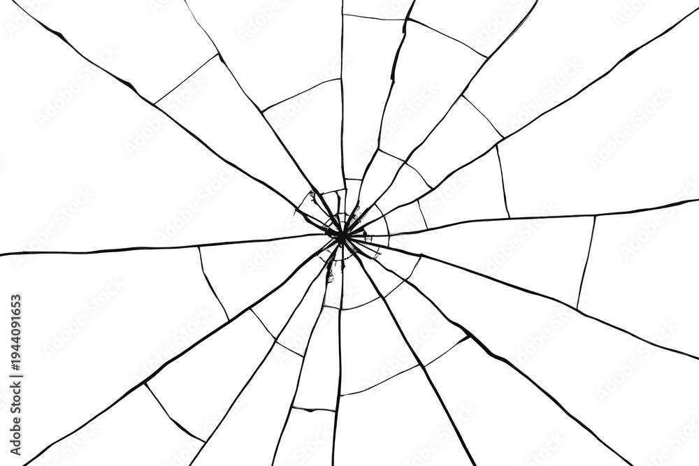 Obraz premium Broken window glass showing spiderweb cracks and shattered damage, graphic overlay for destruction and impact concepts