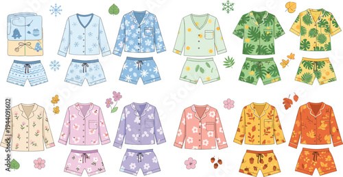 Seasonal Pajama Sets Vector Collection Featuring Winter, Spring, Summer and Autumn Sleepwear with Floral, Tropical and Cozy Nightwear Designs.
