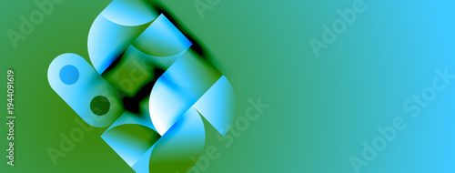 Abstract shapes overlap, creating dynamic composition. Blue hues contrast with green background. Modern design elements present.