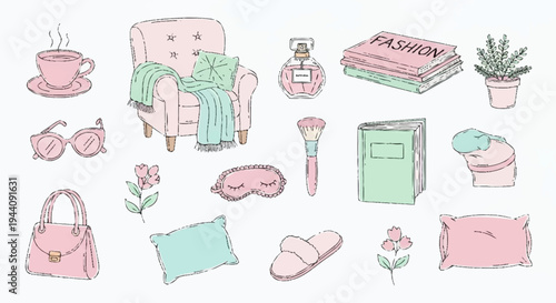 Collection of feminine lifestyle objects and accessories.