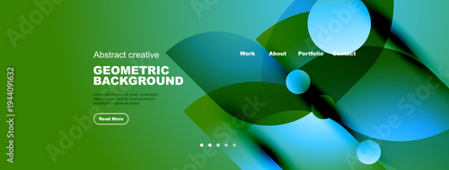 Abstract green background with blue shapes. Website header includes navigation options, text, button. Modern design elements present.