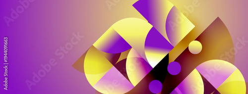 Abstract composition features vibrant yellow, purple shapes. Geometric forms overlap creating dynamic visual effect. Smooth gradients enhance depth.