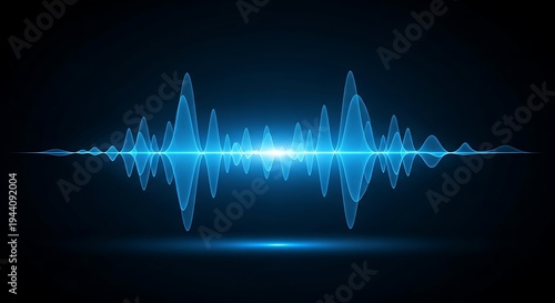 Glowing blue sound wave on a dark background with a bright light effect in the middle