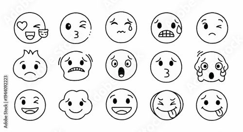 Collection of Hand Drawn Emoji Faces Expressing Various Emotions.