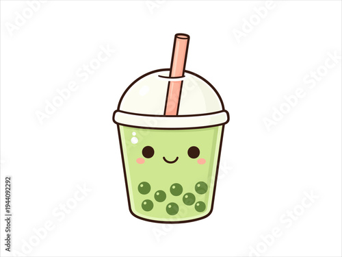 Cute kawaii green bubble tea illustration with straw and boba pearls