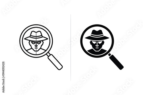 Detective Icon, Investigator with Magnifying Glass, Spy, Mystery, Search, Line and Solid Styles