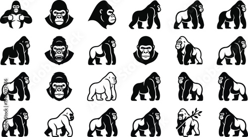Diverse collection of black and white gorilla illustrations showcasing various poses and expressions in silhouette style