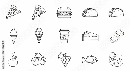 Collection of hand drawn food and drink icons in a grid.