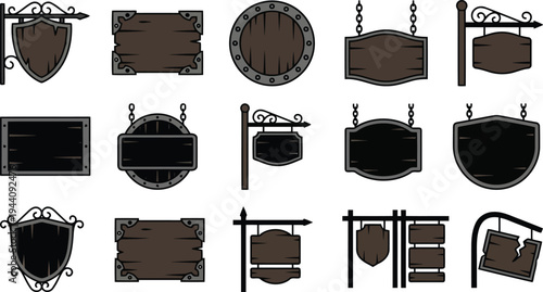 Collection of weathered wooden signs with decorative metal frames hanging and on posts