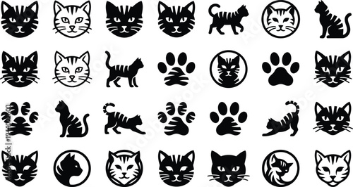 A collection of diverse black and white cat icons and paw print symbols presented in a grid formation