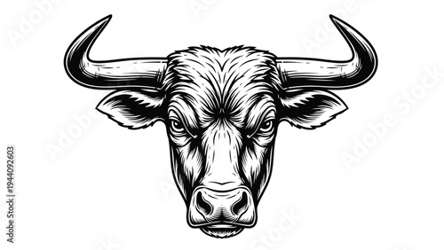 Elegant black and white illustration of a stylized bull's face with pronounced horns Vector