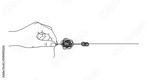 Person holding a tangled fishing line with a hook and knot at the end