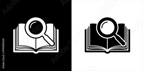 Open book with magnifying glass icon, symbolizing knowledge, research, study, and learning