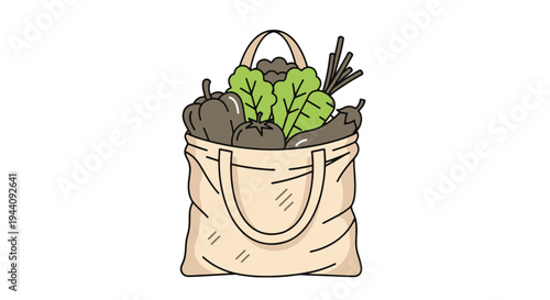 A canvas tote bag filled with fresh vegetables and herbs from the market.