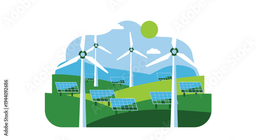 Renewable energy landscape featuring wind turbines and solar panels under a bright sun
