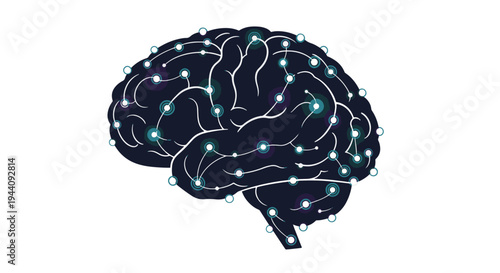 Illustration of a human brain with highlighted neural network nodes and connections