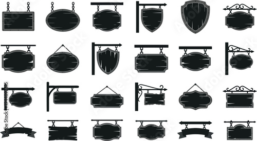 A collection of various vintage hanging wooden signboard designs isolated on a white background for graphic design