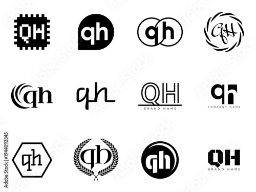 QH logo company template. Letter q and h logotype. Set different classic serif lettering and modern bold text with design elements. Initial font typography.